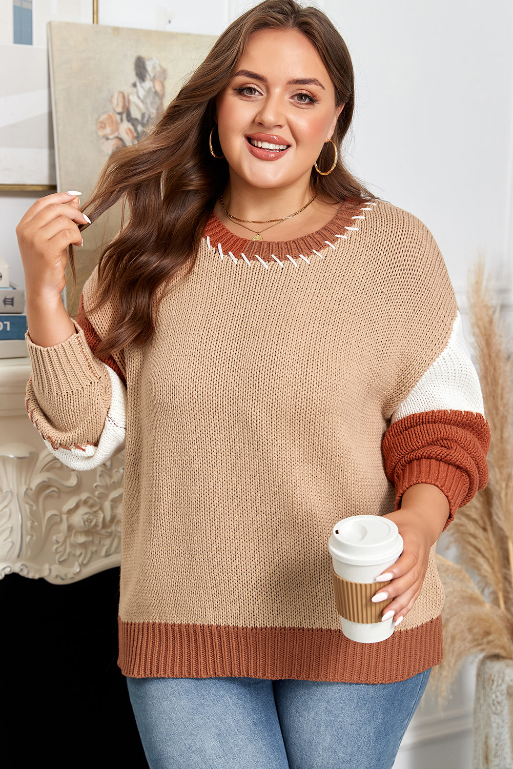 Light French Beige Color Block Knitted Plus Size Sweater Dear-Lover Dropshipping